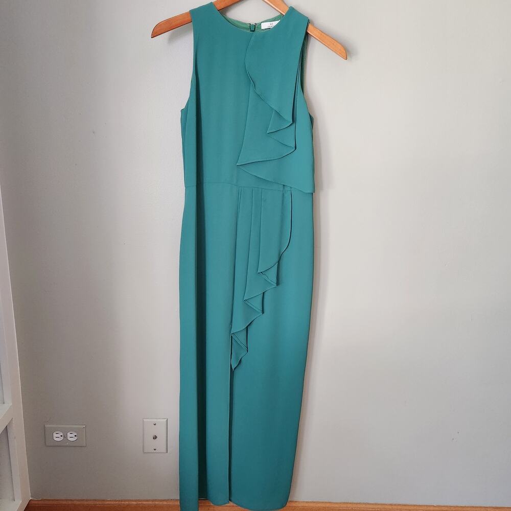Halston Dark Green Sleeveless Ruffle Font Slit Maxi Formal Dress